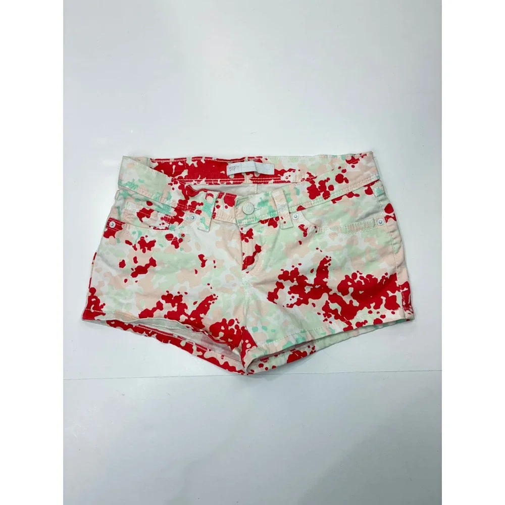 Levis Womens Paint Splatter Camo Denim Shorts Red Green Tan Low Rise Size 28